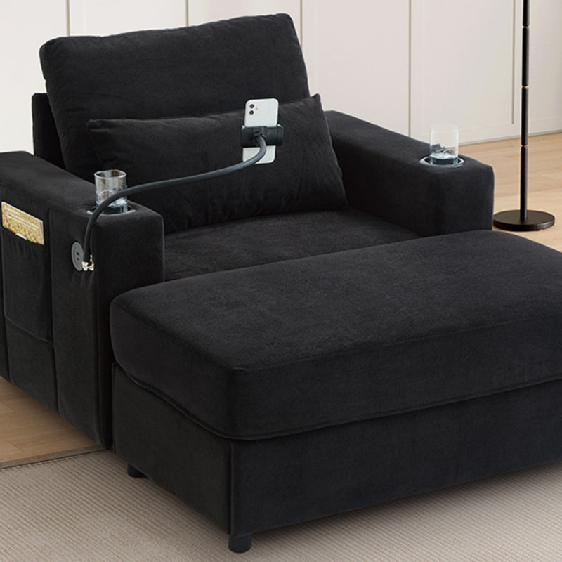 Upholstered Armchair With Storage Ottoman & USB Ports, Black