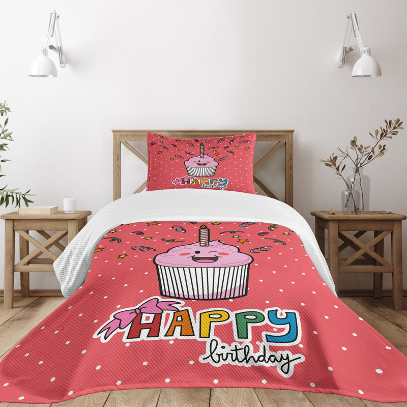 Ambesonne Cartoon Bedspread Set 2 Pcs Pink Cupcake Bow Twin Multicolor