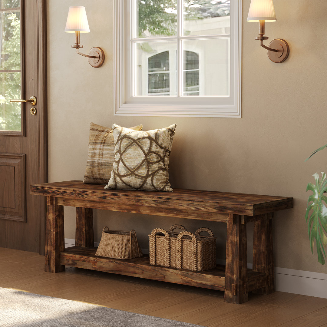 55" Solid Wood Entryway Bench with Shoe Storage, Rustic Charred Wood Grain Foyer Bench with Open Shelf for Hallway, Mudroom, Bedroom, Easy Assembly