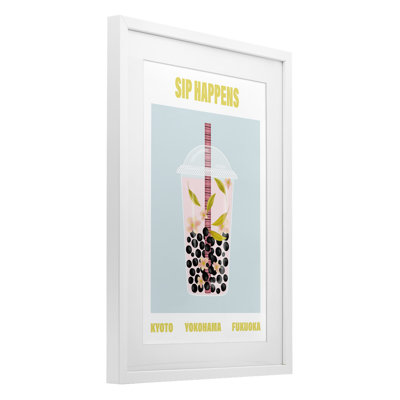 Sip Happens Boba Tea Framed Print Under Glass, design by A Barefoot Stylist