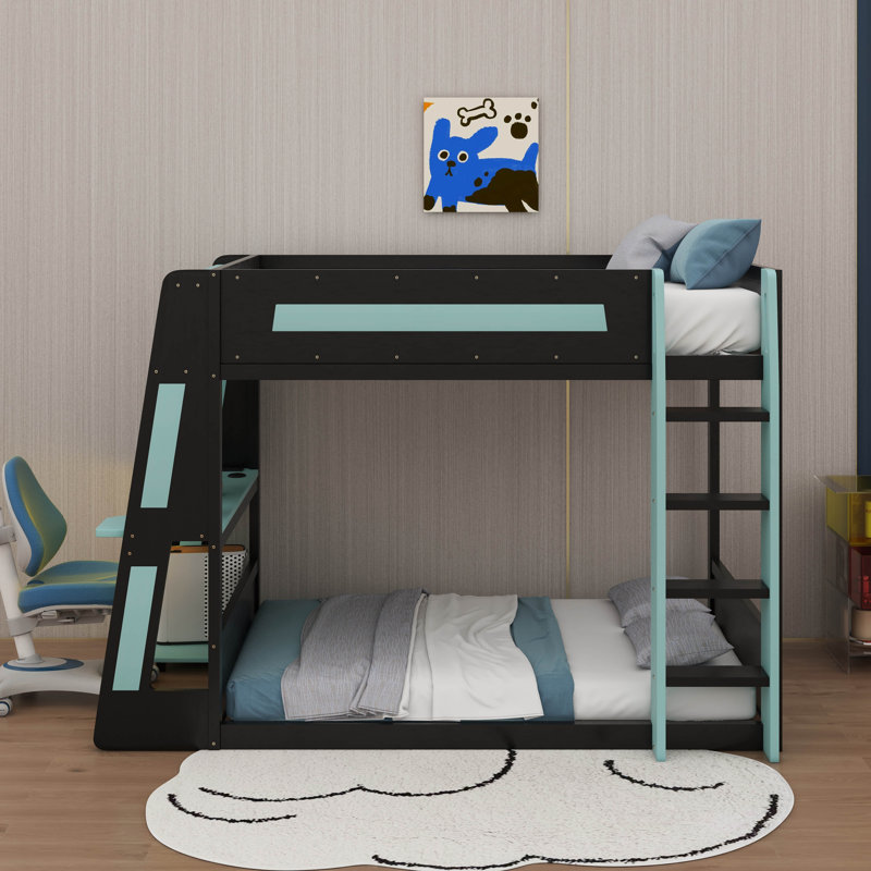 Full Size Wooden Gaming Bunk Bed With Desk,USB And LED Light, Full, Black/Blue
