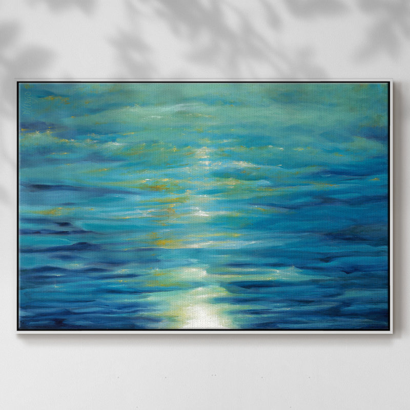 Bleu foncé, H 27 po x l 41 po x P 2 po, Toile encadrée flottée blanche