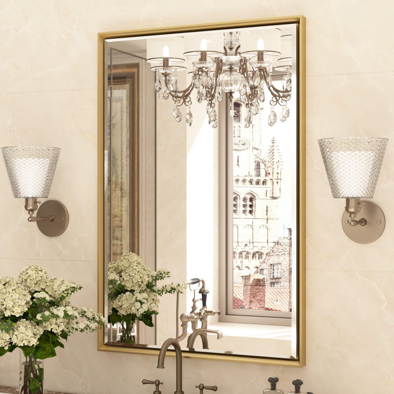 Gold 36x36 Inch Square Beveled Bathroom Vanity Mirror