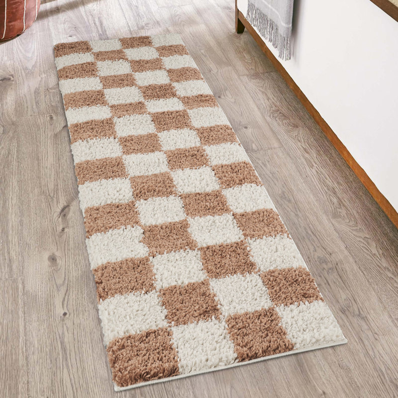 Chester Living Room Shaggy Area Rug Modern - Contemporary Checkered Design 30Mm Plush Pile Jute Backing Soft Woven Carpet -Hallway Indoor Rug, Terracotta