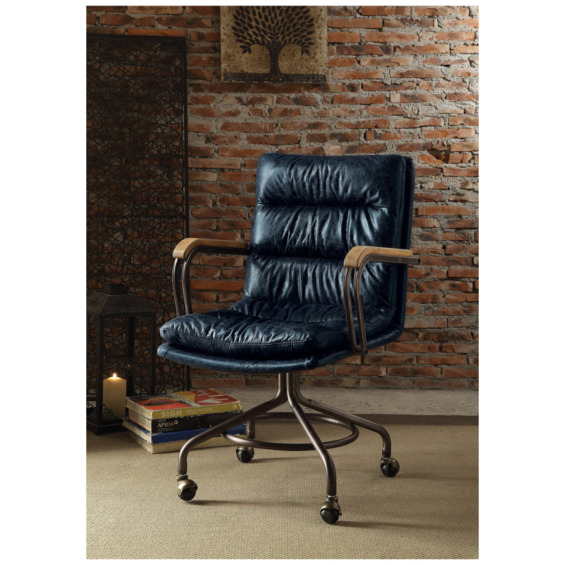 Fauteuil de direction Harith II en cuir fleur rétro bleu, Bleu