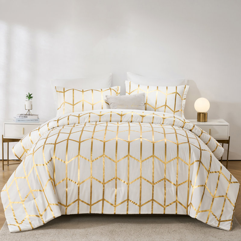 5-Piece Twin Size Metallic Geometric Comforter Set, Modern Gold Foil Chevron Bedding on White, All-Season Microfiber Bed in a Bag with Sheets and Pillow Shams