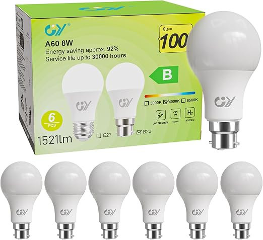 GY B22 Bayonet LED Light Bulb Neutral White 4000K, A60 8W 1521LM High Energy-Efficient Class B, Replaces 100W, Non-Dimmable, 6 PCS