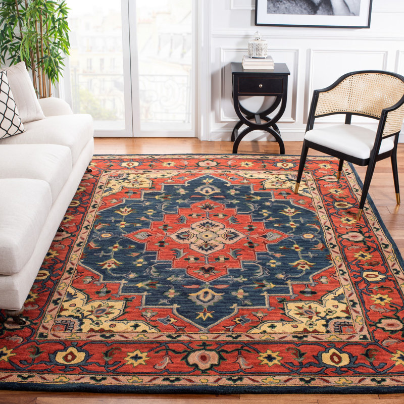 Downe Hand Tufted Wool/Cotton/Latex Oriental Rug in Gold/Blue/Red, Rectangle 8' x 10'