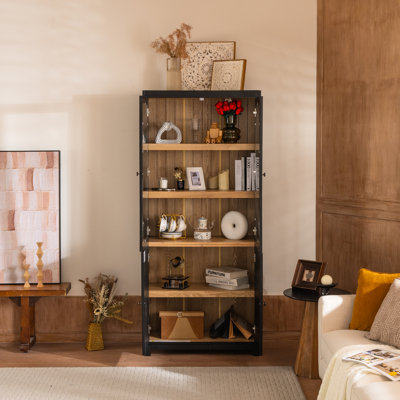 Vitrine en bois de frêne avec 2 portes en verre rétro - moderne, tablettes réglables et charnières amortissantes pour portes de bibliothèque style Mid-Century avec poignées en métal et rangement pour le salon