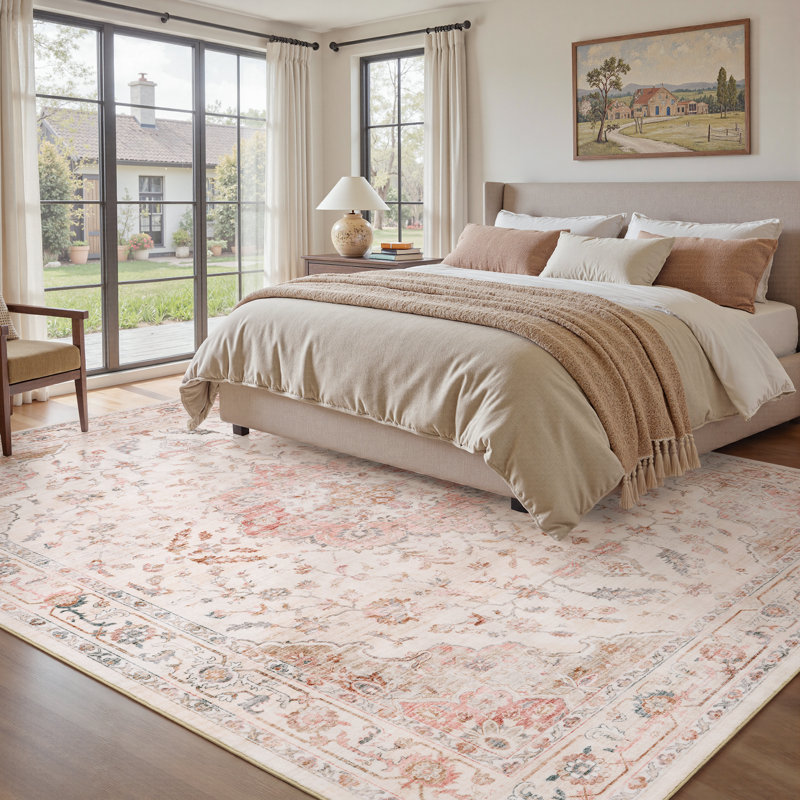 Machine Washable Vintage Floral Soft Blush Area Rug With Non-Slip Backing For Living Room, Bedroom, Rectangle 8' x 10', Pink
