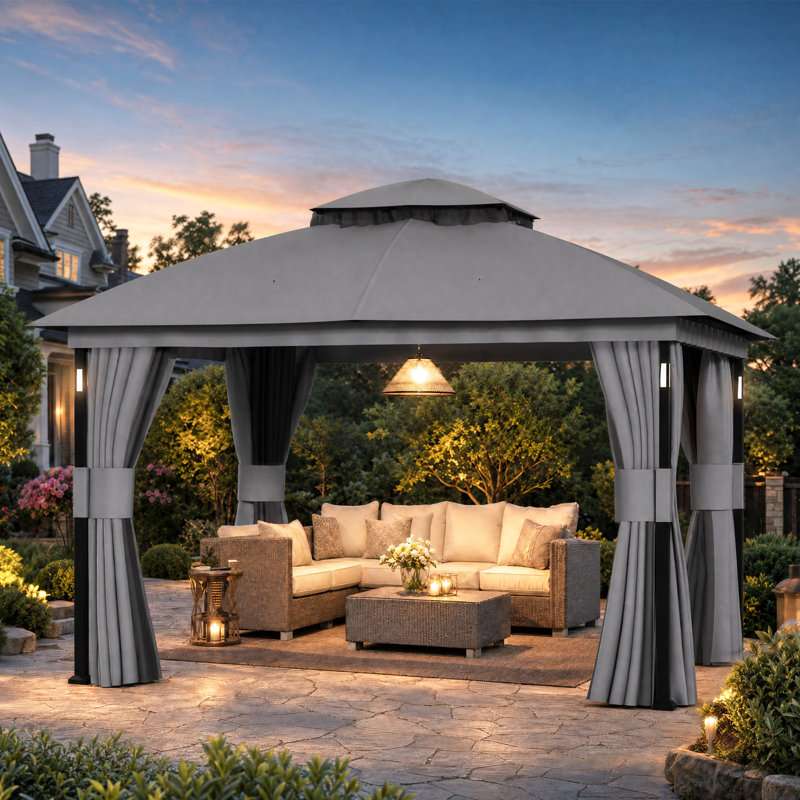 Louvre Steel Double Roof Soft Top Gazebo With LED Lighting And Bluetooth Speaker,Netting And Pravicy Curtains, Grey