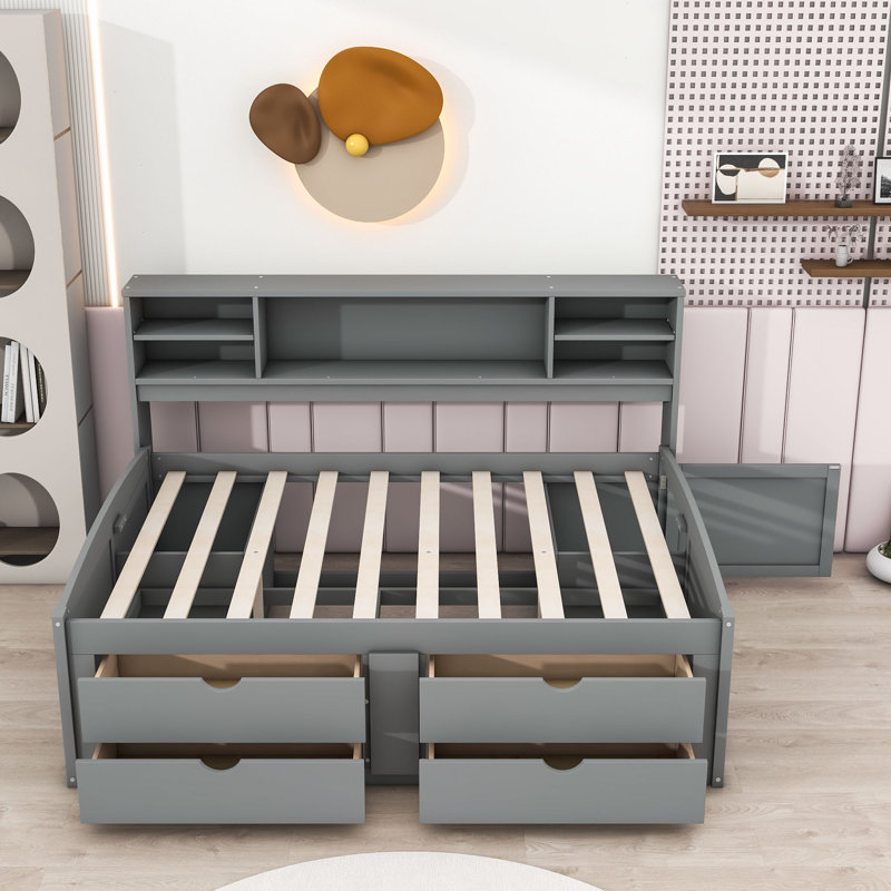 Wood Full Daybed with Cabinets, Shelves and Drawers, Gray