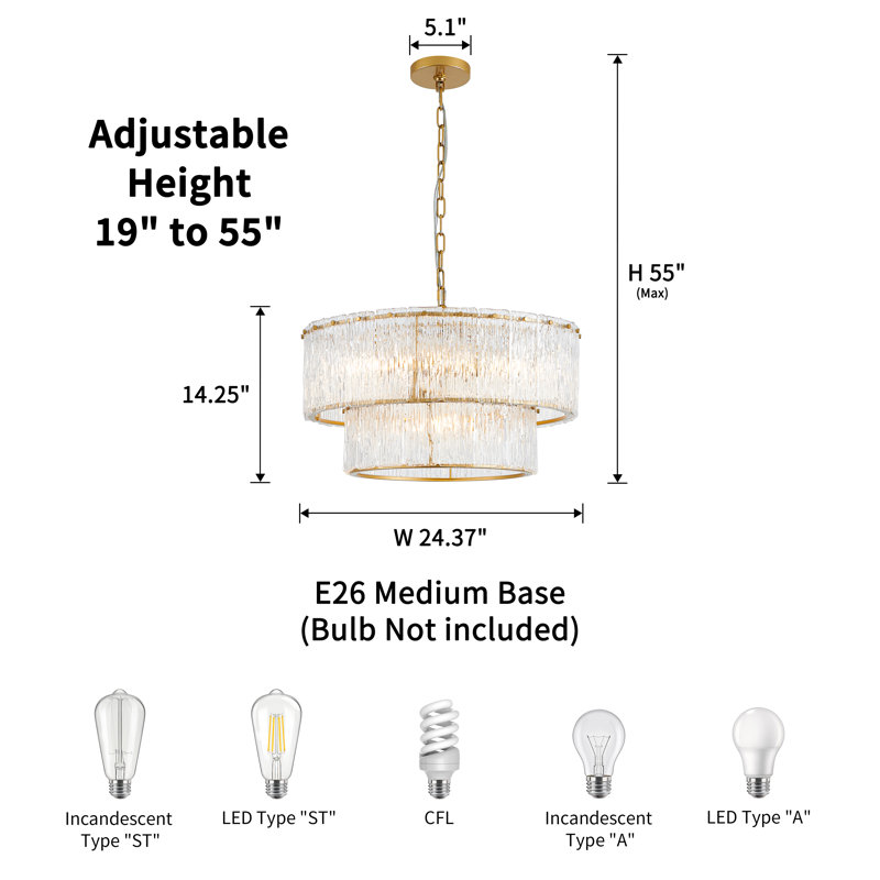 5 Light Gold 2-tiered Glass Adjustable Chandelier, 14.25" H x 24.37" W x 24.37" D, 5 Lights