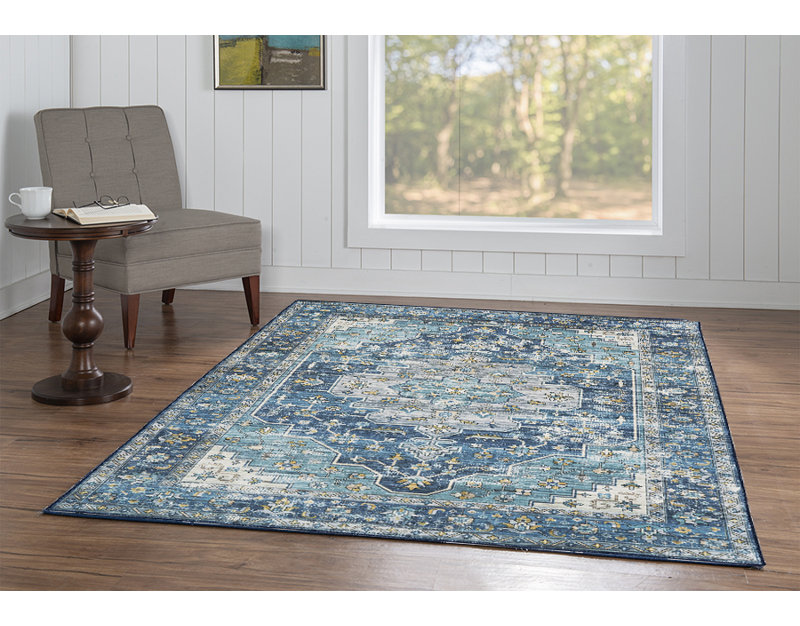 Tapis bleu sarcelle et ivoire lavable tissé à la machine, Rectangle 5 pi x 7 pi