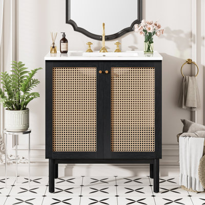 30-Inch Bathroom Vanity Crafted From Natural Materials, Featuring Handmade Rattan Doors And Soft-Closing Mechanisms