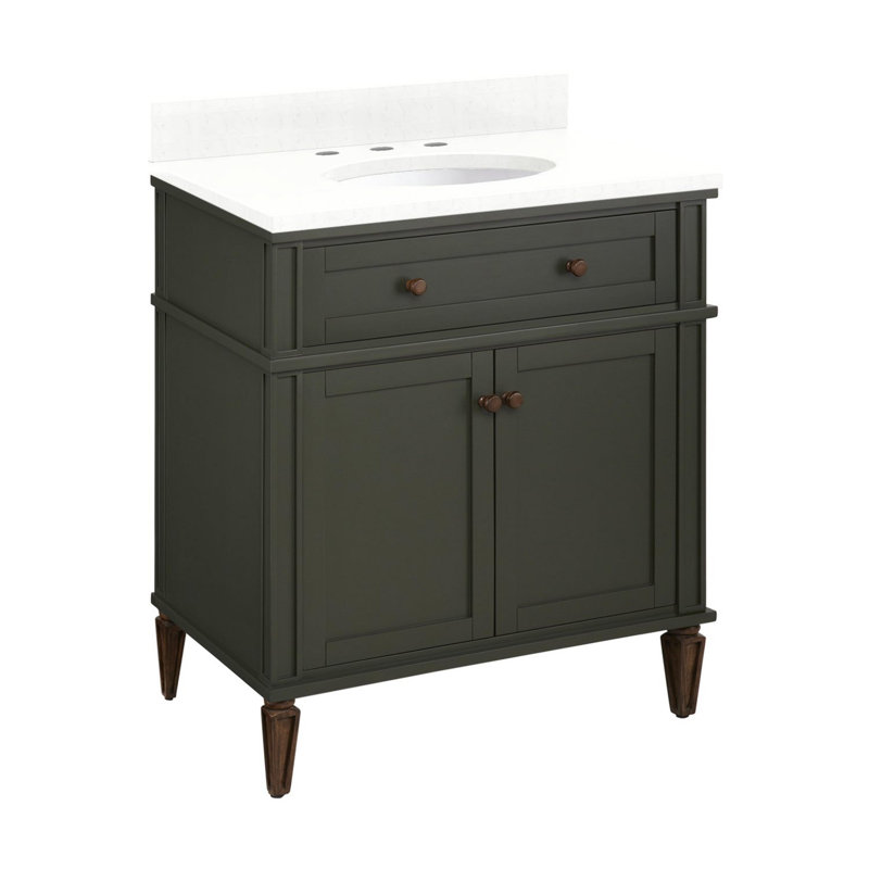 30" Elmdale Vanity with Undermount Sink, Feathered White Quartz, Dark Olive Green, 8" Centers