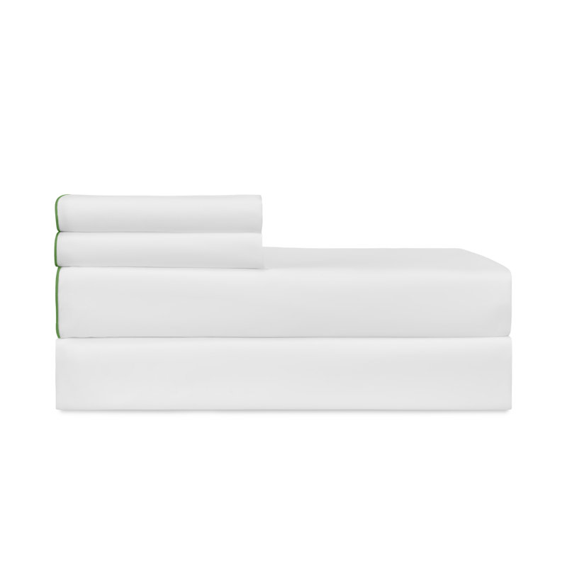 Arlo Percale Sheet Set, White/Basil, Cal King Sheet Set with 2 King Pillowcases