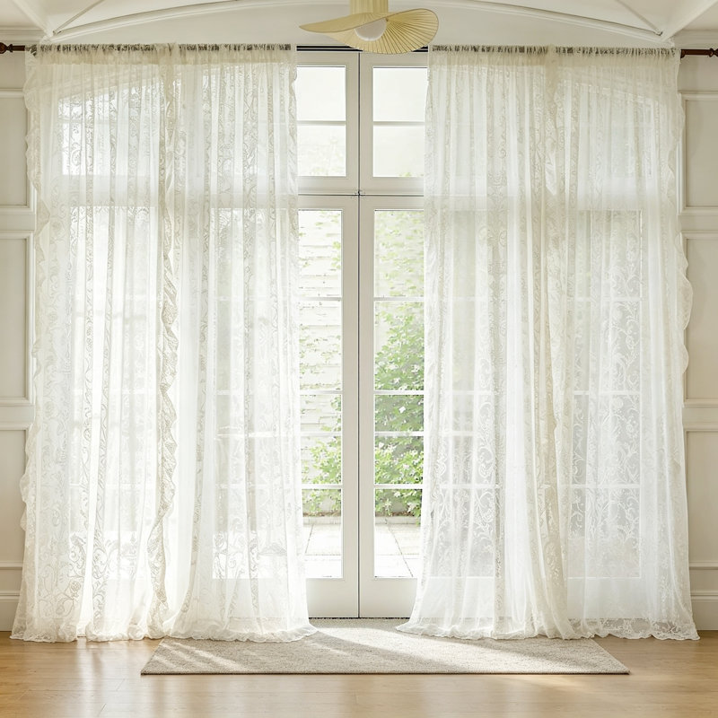 Paire de rideaux transparents crème à volants et dentelle 59 x 84 po 2 panneaux