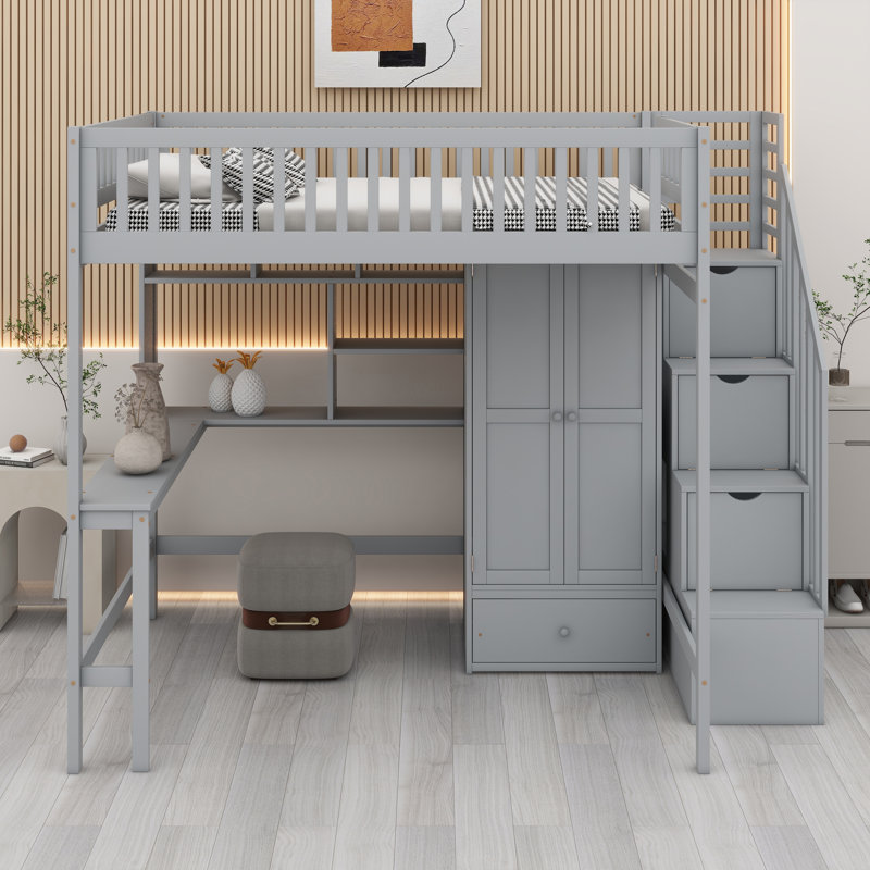 Loft Bed With Bookshelf,Drawers,Desk,And Wardrobe, Gray