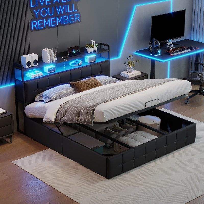 Upholstered Bed with LED Strip, 140*200cm, Black