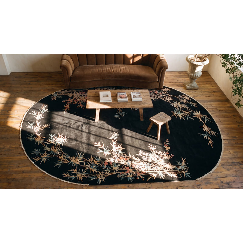 Lush Wool Pile Antique Chinese Art Deco Black Color Oval Shape Rug