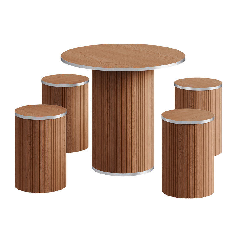 Round Pedestal Dining Table with 4 Stools, Brown