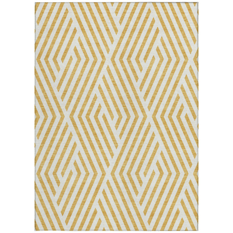 Tapis intérieur antidérapant à motif géométrique lavable doré et blanc 8 pi x 10 pi, Rectangle 10' X 14'