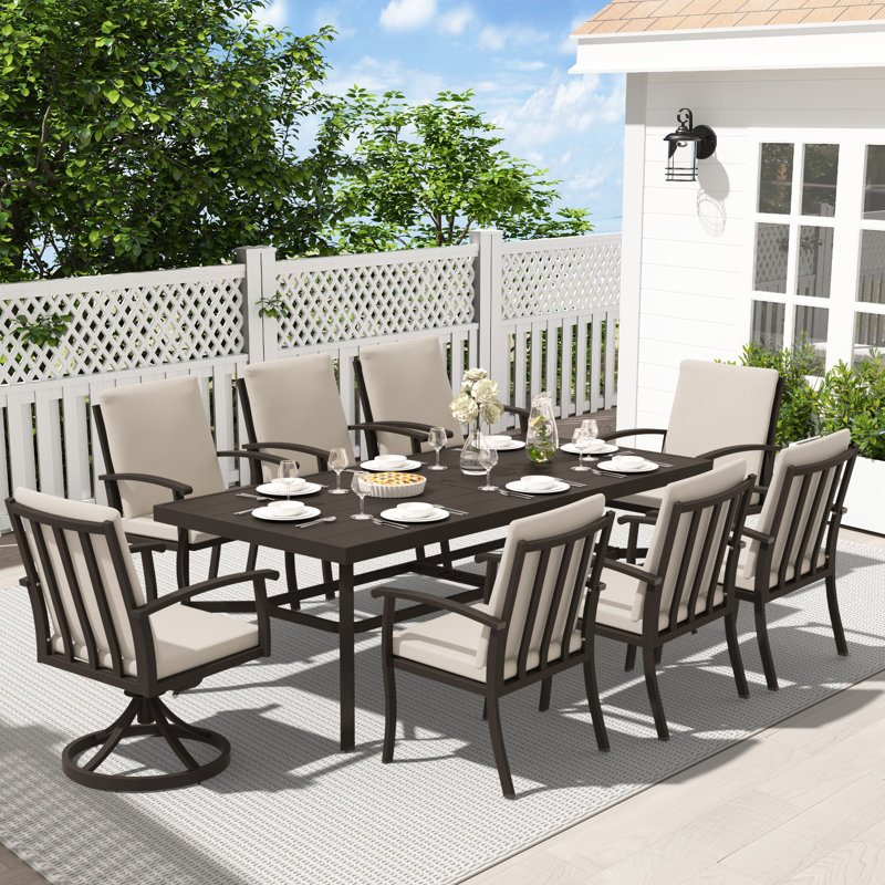 Houghton Colby Aluminum Patio Dining Set With 2 Swivel Dining Chairs, Dining Chairs And Washable Cushions, Dark Brown, 8