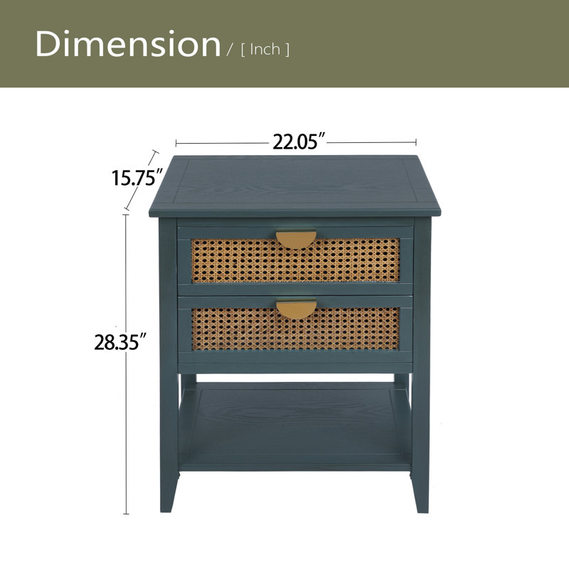 Table d'appoint 2 tiroirs, rotin naturel, table de bout, convient à la chambre à coucher et au salon, Vert