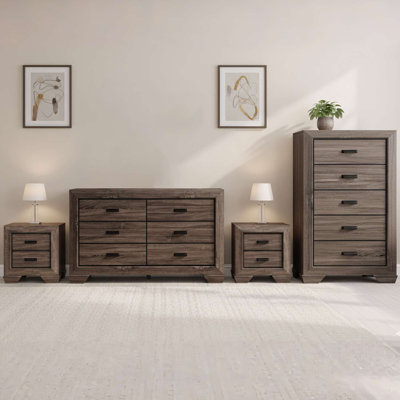 Ensemble de rangement pour chambre 4 pièces brun vieilli avec commode, commode et 2 tables de chevet
