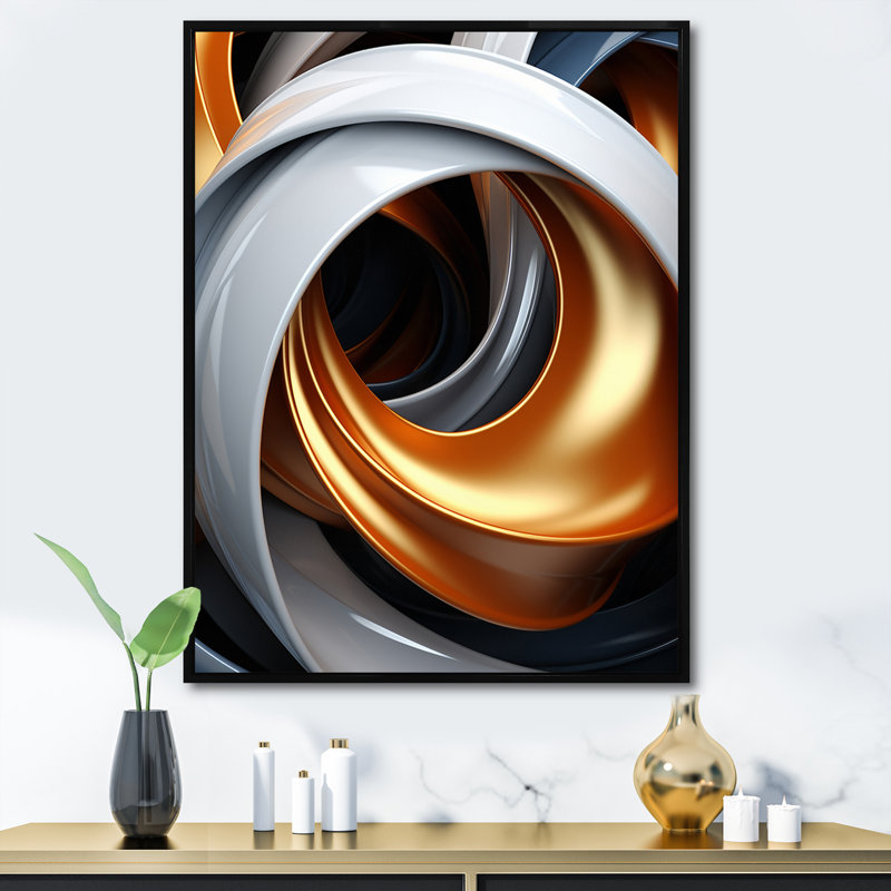 Liquide blanc et orange abstrait tourbillon minimal sur toile, H 40 po x l 30 po x P 1,5 po, Cadre flottant noir