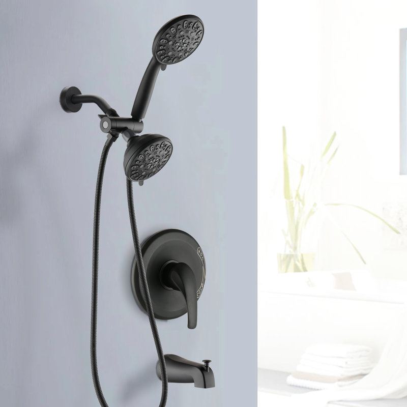 High Shower Tub - Matte Black. Dual 2 In 1 Faucet. 7 Spray Modes Head & Hand Shower. All Metal Structure. 1.8 Gpm Flow. 59" Hose Length. 1/2" Connection. Wall Mounted System With Spout To Fatigue.