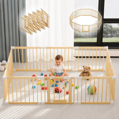 Large Foldable Wooden Playpen - Adjustable Solid Pine Wood Baby Gate with Door, Portable Safety Fence for Babies and Toddlers（10 Panel）