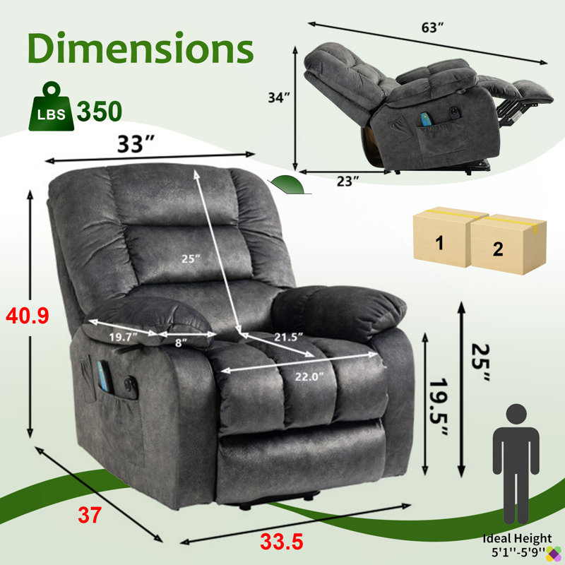 Karelin 33.5"W Velvet Heater Massage Lift Chair Power Recliner, Dark Gray