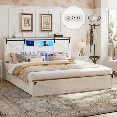 White King Farmhouse Master Bedroom Bed Frame, Sliding Barn Door Storage Headboard with Charging Station & LED Lights, Wooden Platform Bed with 2 Under‑Bed Drawers, No Box Spring Needed