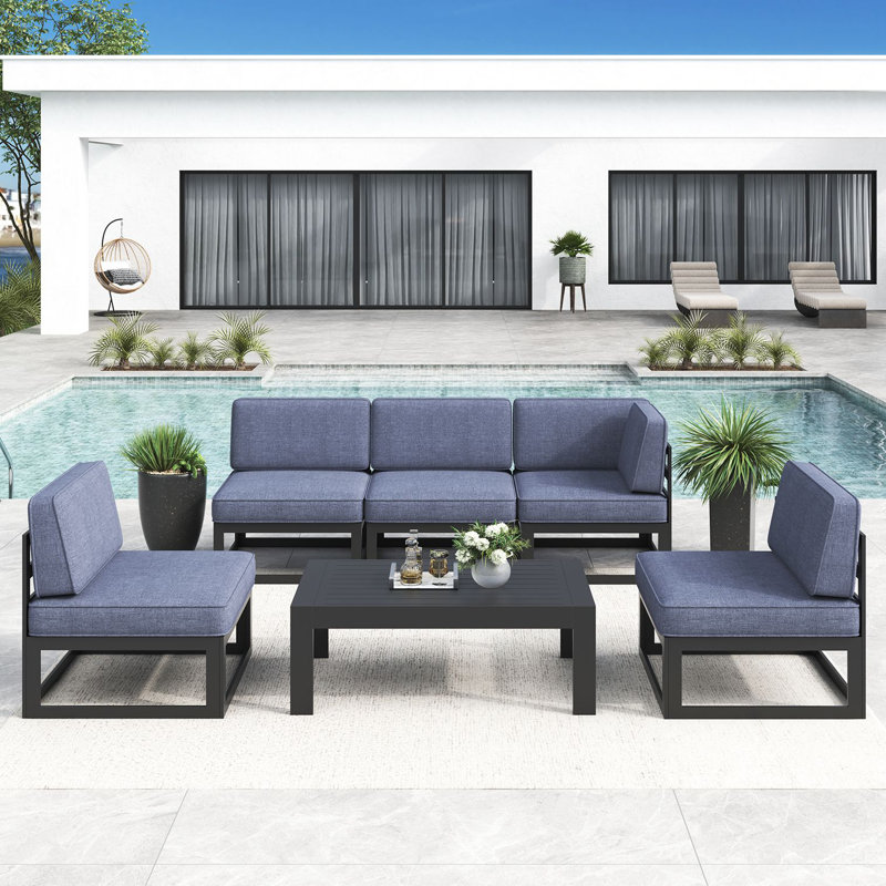 6 - Piece Outdoor Modular Sectional Set with Coffee Table, Navy Blue