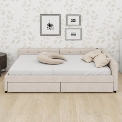 Daybed With Storage And USB, Modern Cloud Bed Frame With 2 Drawers, Linen Upholstered Platform Bed