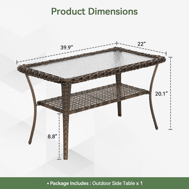Table basse d'extérieur en osier de patio brun avec plateau en verre, Brun, H 20 po x L 34 po x l 20 po