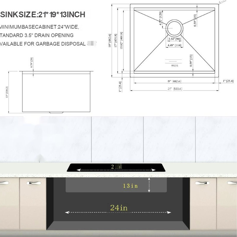 Évier à lessive simple 21 po x 19 po 13 po en nickel brossé, acier inoxydable T 304 de calibre 16 avec rembourrage en caoutchouc robuste et trou de drainage standard de 3,5 po, avec support de séchage profond
