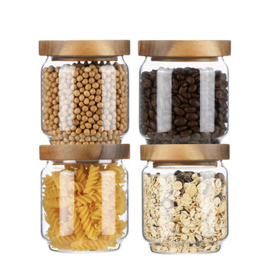 Glass Storage Containers Set Of 4, 15 FL OZ High Borosilicate Glass Jars Kitchen Food Canisters With Acacia Wood Lids