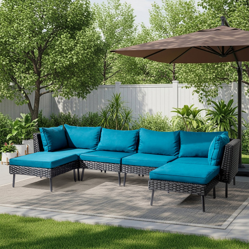 Patio 6-Piece Black Wicker Sectional Sofa With Malachite Green Cushions, Black, Malachite Green