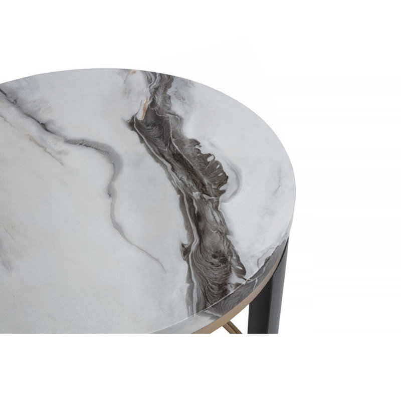 Ensemble de 2 tables basses gigognes, plateau rond en faux marbre avec repose-pieds, canapé de salon moderne