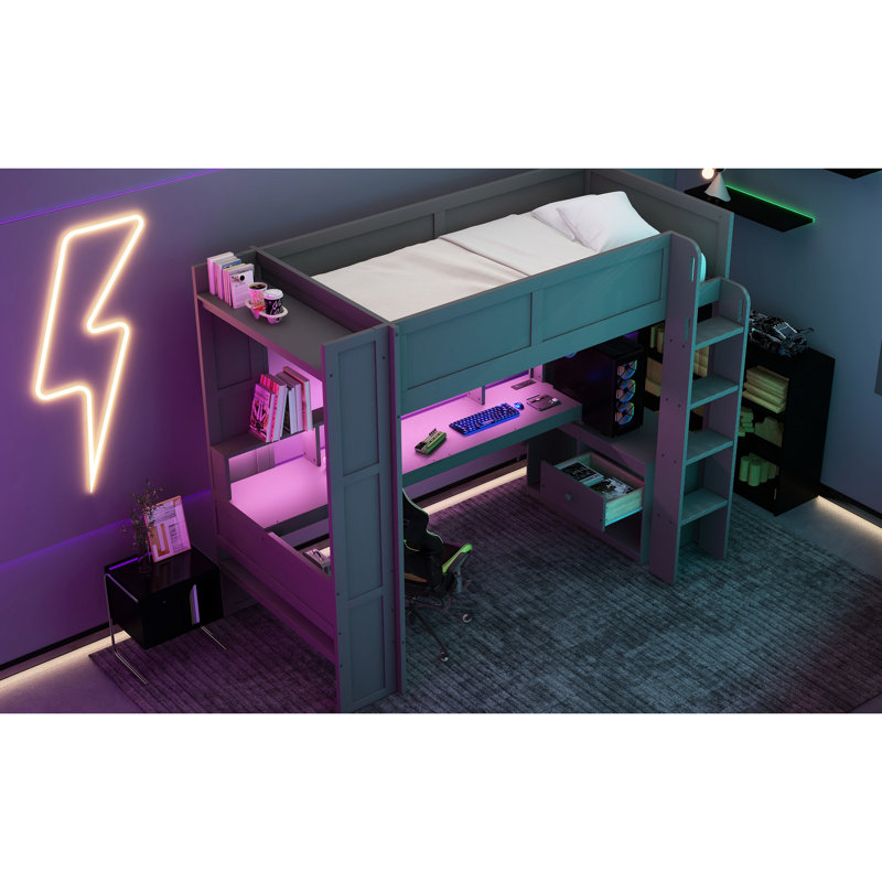 Lit mezzanine simple avec bureau en bois et rangement multiple, DEL, station de charge - bureau gris foncé, DEL, Lit simple