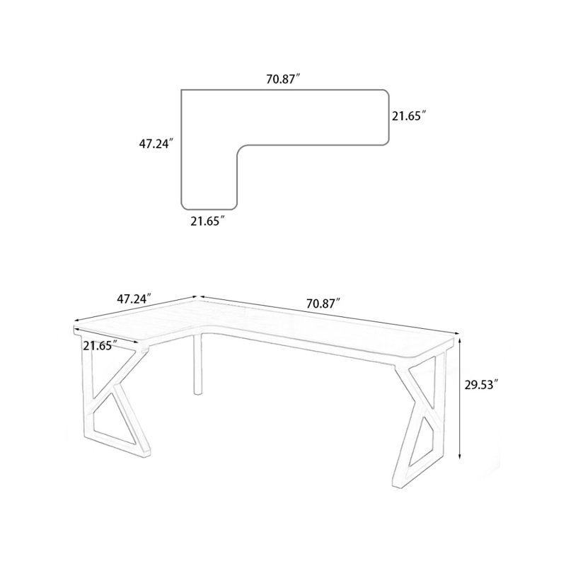 Bureau d'écriture en bois massif en L de couleur châtaignier clair, Left Hand Return, H 29,53 po x l 70,87 po x P 47,24 po