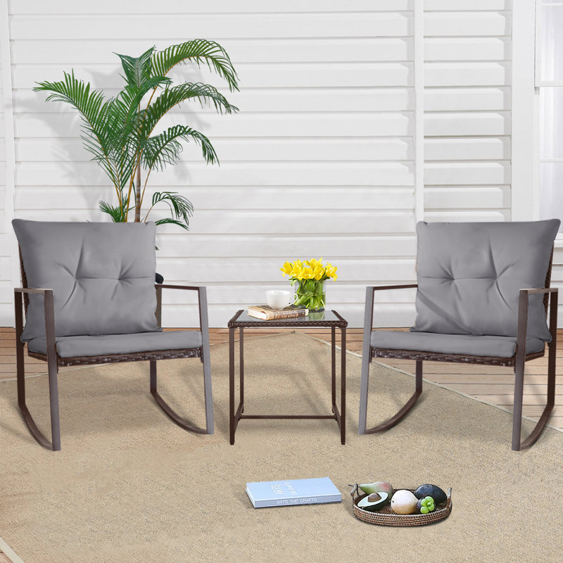 2 - Person Outdoor Dining Set, 3-Piece Outdoor Rattan Rocking Bistro Set with Cushions and Glass Coffee Table, Gray, Brown