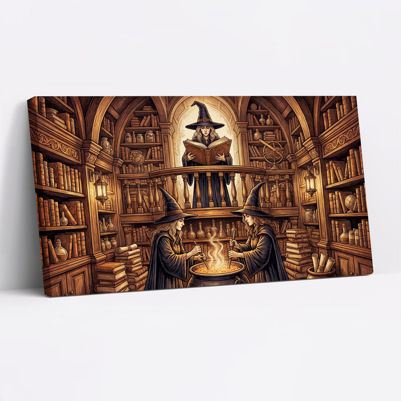 «Witches Stirring Cauldron in Library», art mural sur toile, L 58 po x H 28 po