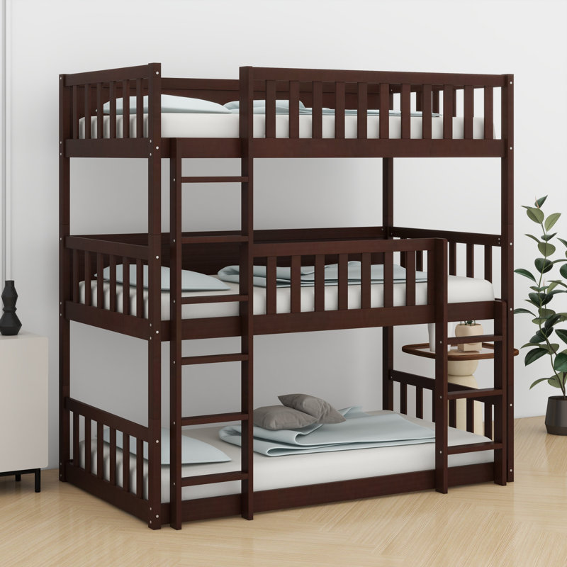 Triple Wood Bunk Bed, With Ladders, Guardrails, Espresso