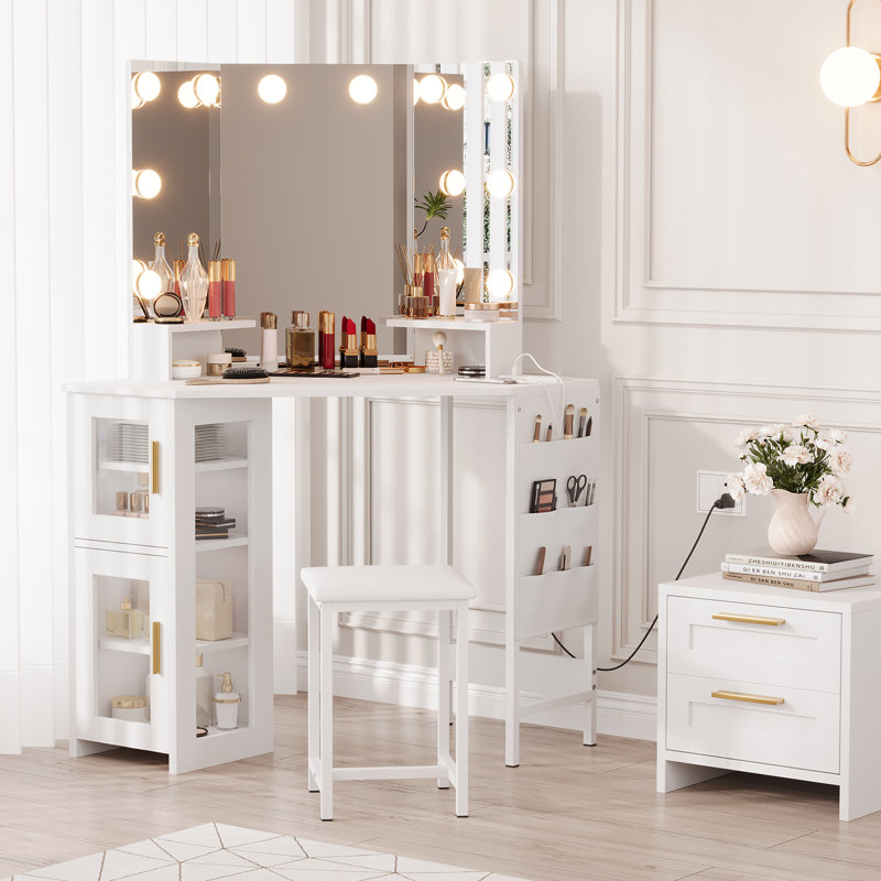 Corner Makeup Vanity Desk with Stool & Mirror, Large Dressing Table with Storage, Makeup Vanity Table Set for Bedroom Small Space