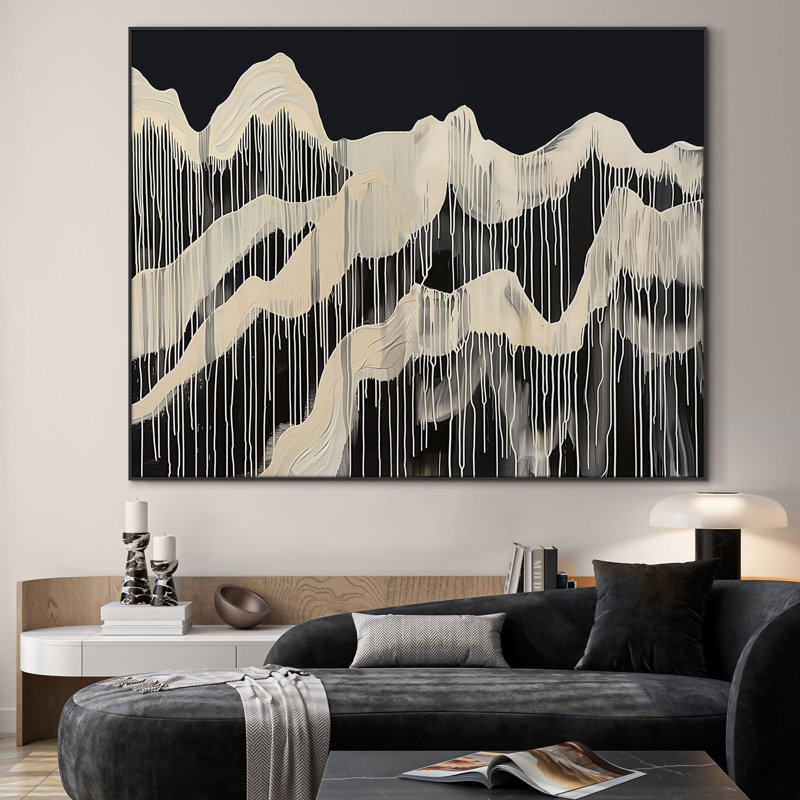 Très grand art mural encadré «Dripping Mountains on Black», expressionniste moderne, illustration de paysage abstrait pour la maison, salon, chambre à coucher (assemblage requis)