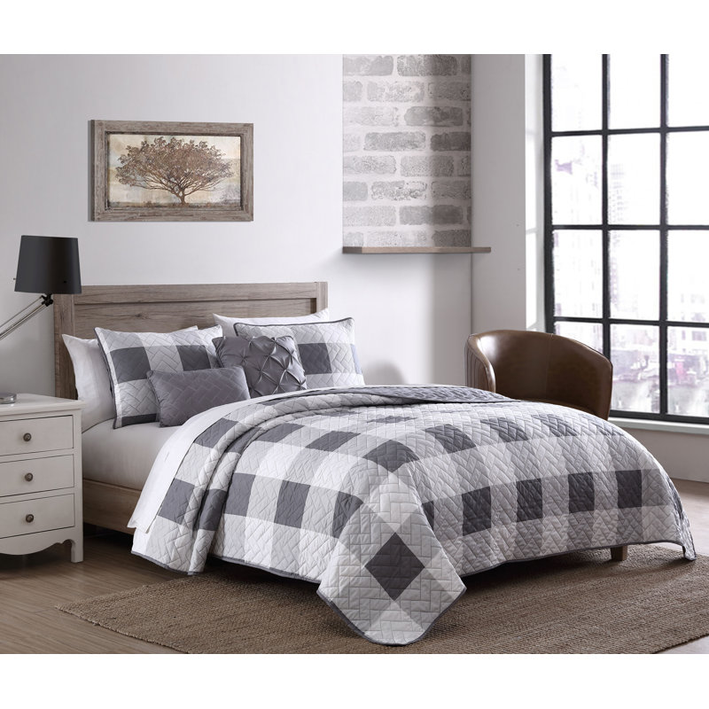 Buffalo Plaid Polyester Jersey Knit Plaid Quilt, Twin Quilt + 1 Sham + 2 Throw Pillows, Gray/White